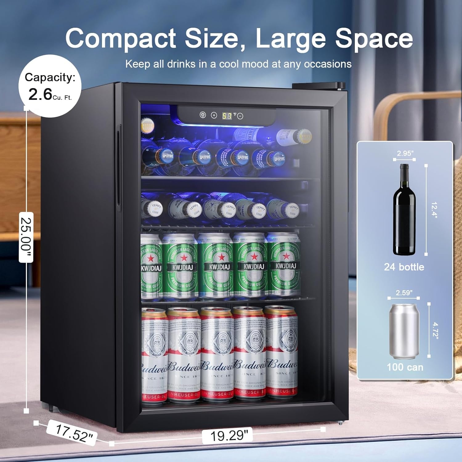 2.6Cu.Ft Mini Fridge 100 Can Beverage Refrigerator Wine Cooler/Cabinet Small Beer Soda Glass Door Counter Top Bar Fridge Freestanding Black